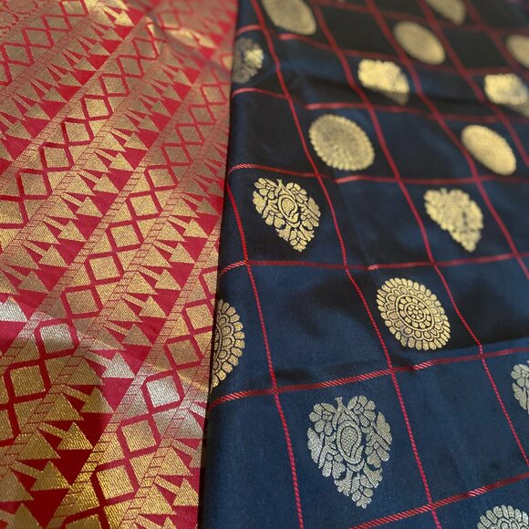 Black with red check Indian traditional soft silk saree for women - Picture 3 of 16